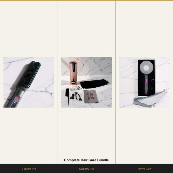 Elvora Complete Hair Care Bundle — SilkFlow Pro, CurlFlow Pro and ReVive Glow Scalp Brush on cream background